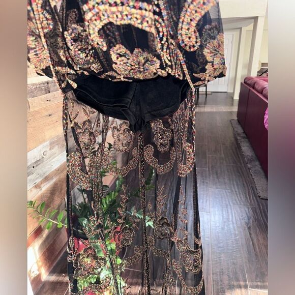 🌸 Honey Punch Black Mesh Maxi Dress w/ Copper Floral Embroidery – Size S - Picture 4 of 16